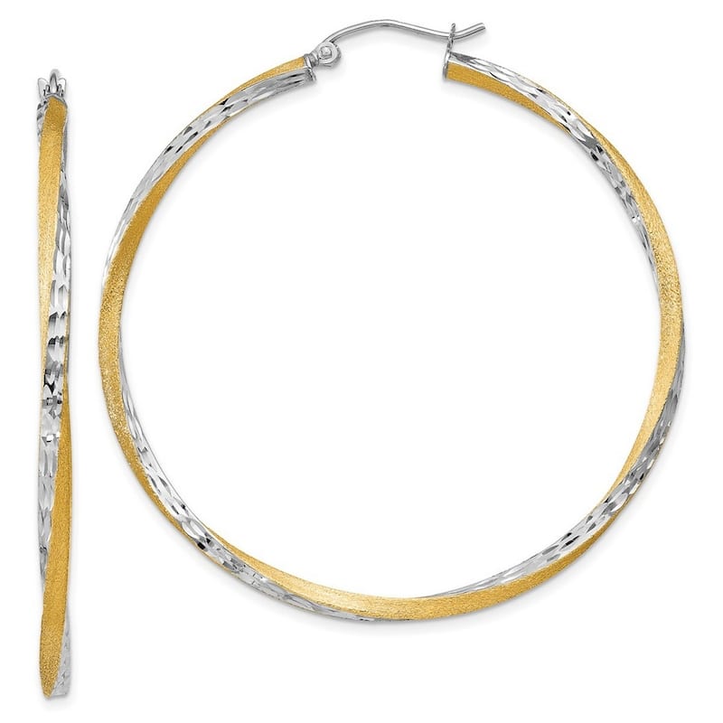 Curata 14k Yellow Gold and Rhodium Satin Diamond Cut 50x2.5mm Twisted Hoop Earrings