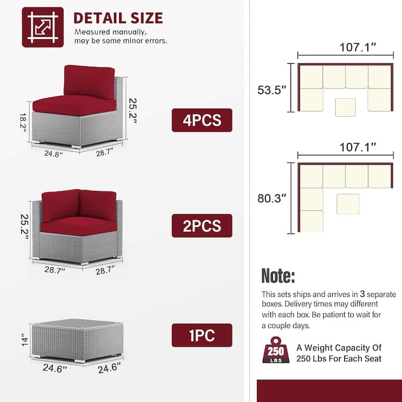 7-piece Outdoor Patio Grey Wicker Rattan Cushioned Sectional Sofa Conversation Set