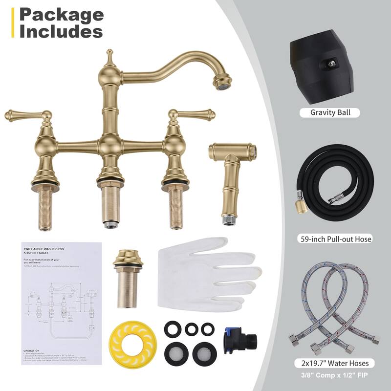 WOWOW Double Handle Bridge Kitchen Faucet with Side Sprayer