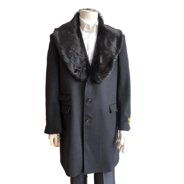 Mens Three Quarter Length Wool Car Coat with Removable Faux Fur Collar. Opens flyout.