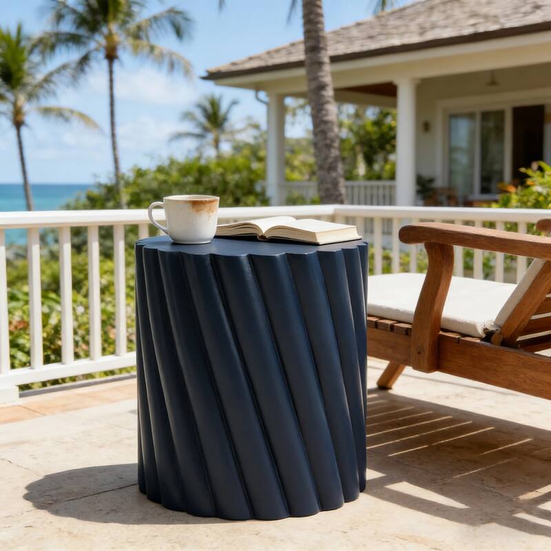 Christopher Knight Home - Modern 16.02" Diameter, 18.31" H Navy Blue All-Weather Patio Outdoor Fluted MGO Accent Table / Stool
