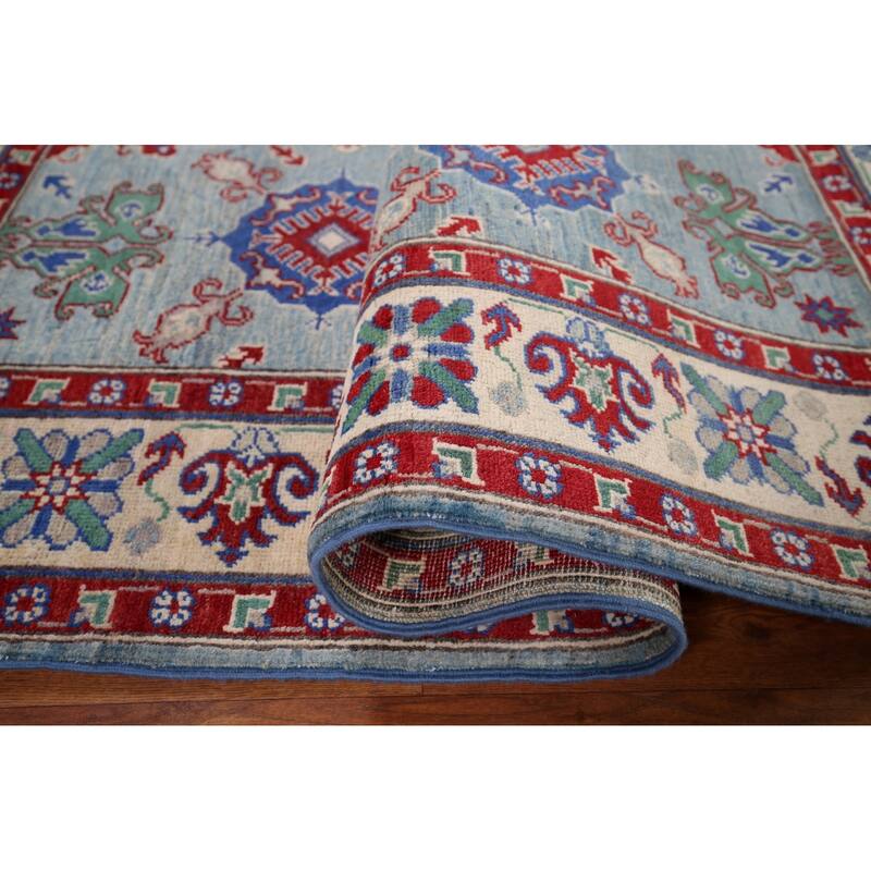 Blue Geometric Kazak Oriental Area Rug Hand-Knotted Wool Carpet - 5'0" x 6'6"