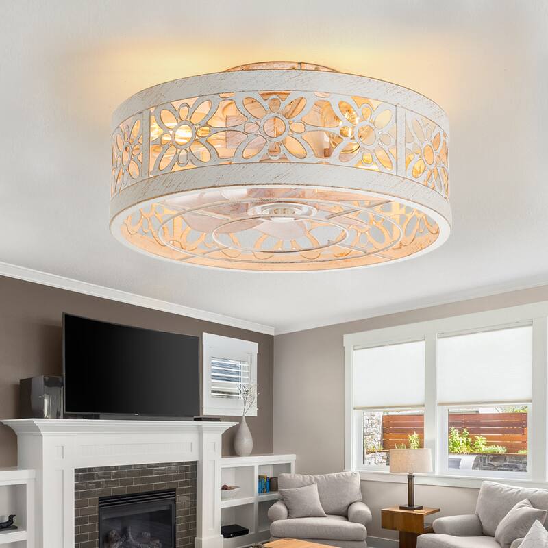 16.5in Vintage Distressed White Flush Mount Caged Ceiling Fan with Remote Light(7-Blade) - Style-2 - Remote
