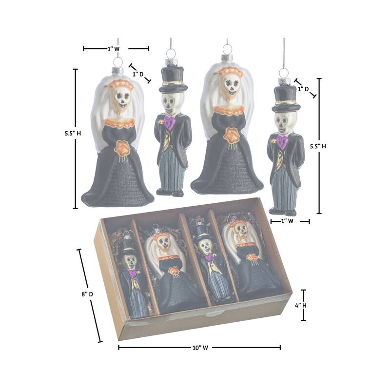 5.5" Glass Bride /Groom Skeleton Ornament Box of 4