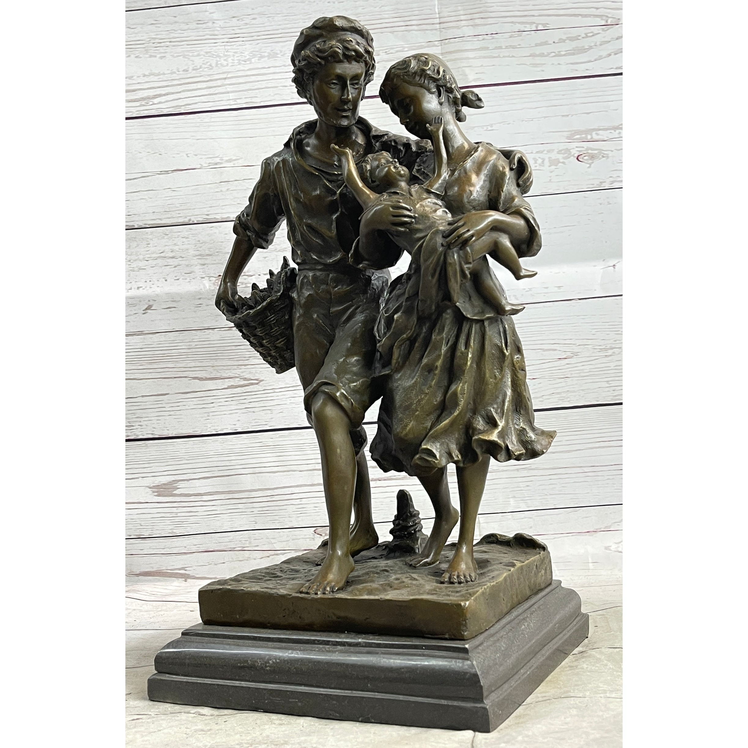 Fisherman Family Man Woman Baby Bronze Statue Sculpture Romantic Figure 16 Inches X 8 Inches