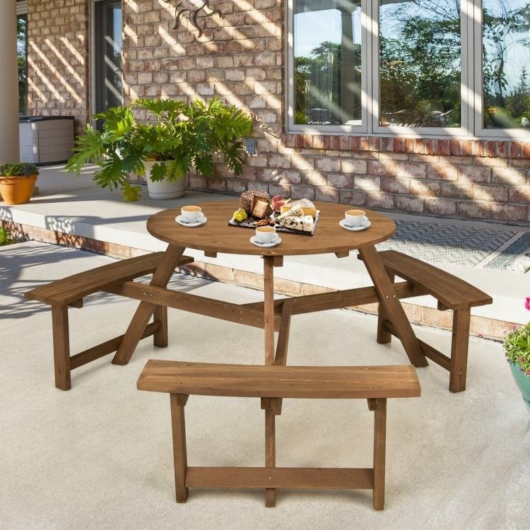 Outdoor Solid Wood Round Picnic Table Set with Umbrella Hole and