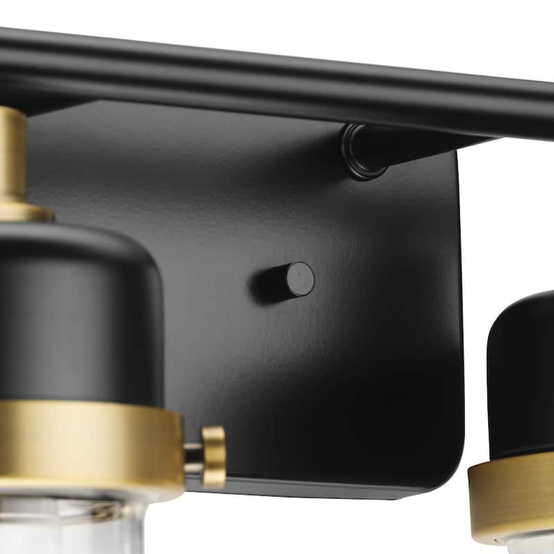 Beckner Collection Two-Light Matte Black Clear Glass Urban Industrial Bath Light with Vintage Brass Accents