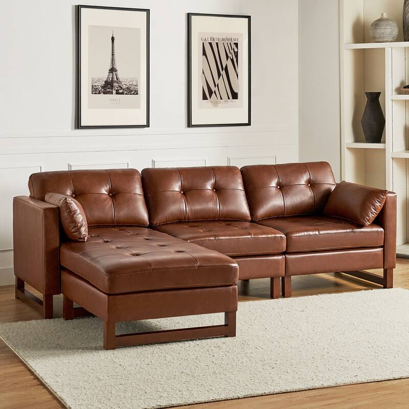 Frances Mid-century Style Genuine Leather Sectional Sofa and Chaise with Soild Wood Legs by HULALA HOME - Brown - Right Facing