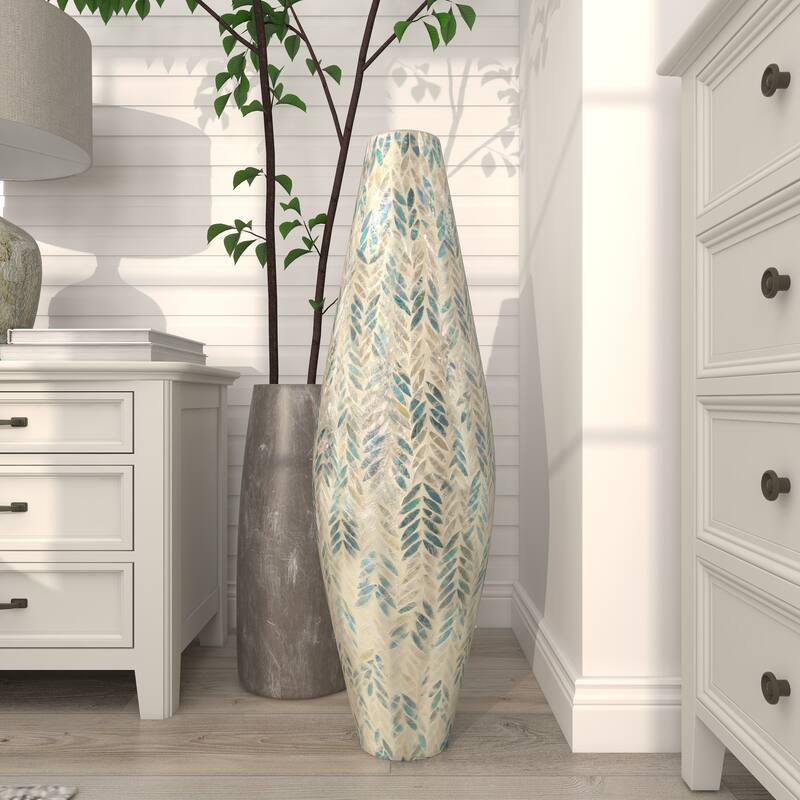 Cream Mother of Pearl Shell Handmade Tall Mosaic Decorative Vase with Blue Accents