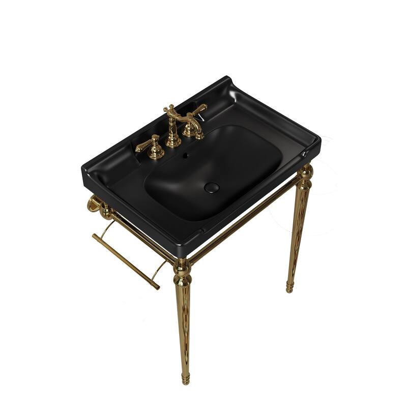 Console Sink, Wall-Mounted Ceramic Vanity Basin，Freestanding Stainless Steel Support Legs With Towel Bar, No Faucet