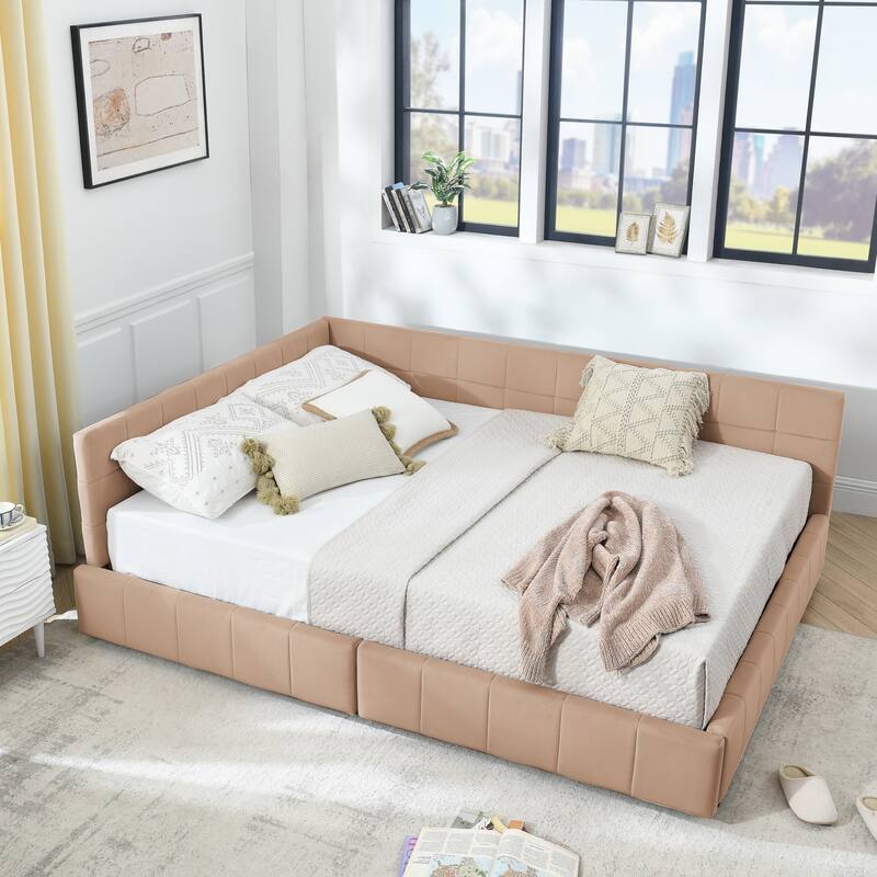 Queen Size Tufted Upholstered Daybed with 2 Drawers, Velvet Fabric Queen Sofa Bed Frame with L Shaped Backrest and Armrests