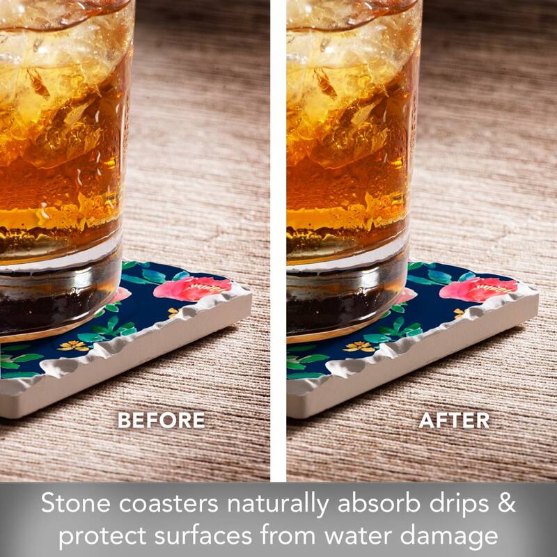 Spring Garden Floral 4-Pack Absorbent Stone Coasters with Protective Cork Backing 4" Square Made in The USA Easily Wipes Clean