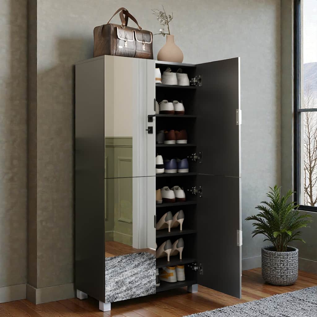 50" Mirrored Shoe Cabinet with 4 Doors, Adjustable Shelves, Ventilation Holes & Large Capacity Storage for Entryway