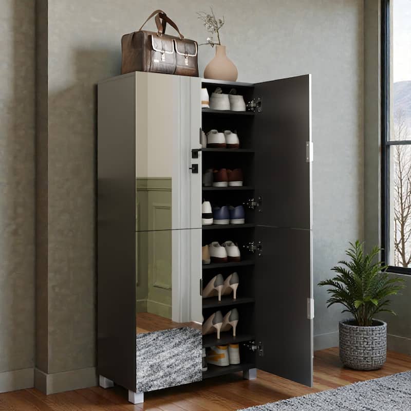 50" Mirrored Shoe Cabinet with 4 Doors, Adjustable Shelves, Ventilation Holes & Large Capacity Storage for Entryway - Black