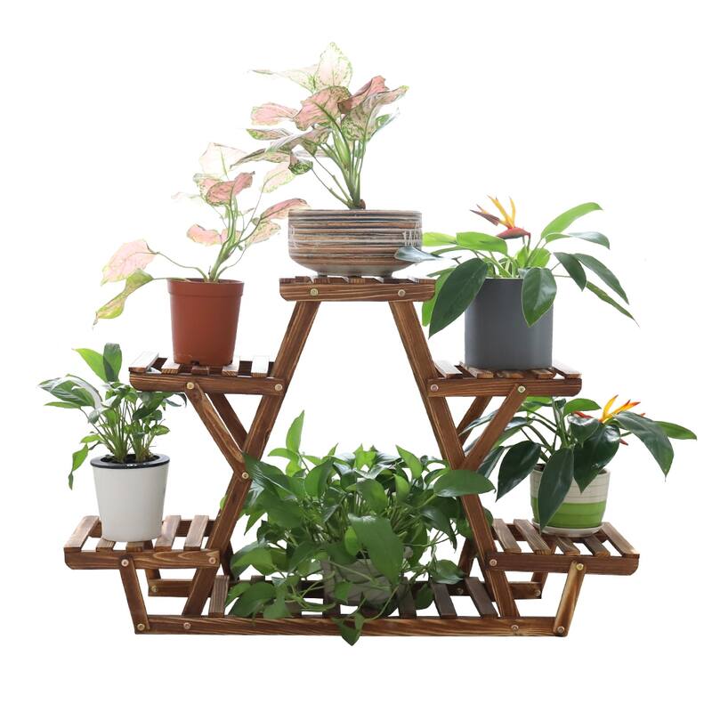 Carbonized Wood Triangle Plant Stand 6 Tiered Corner Plant Rack - W 36.6" x D 10" x H 23"