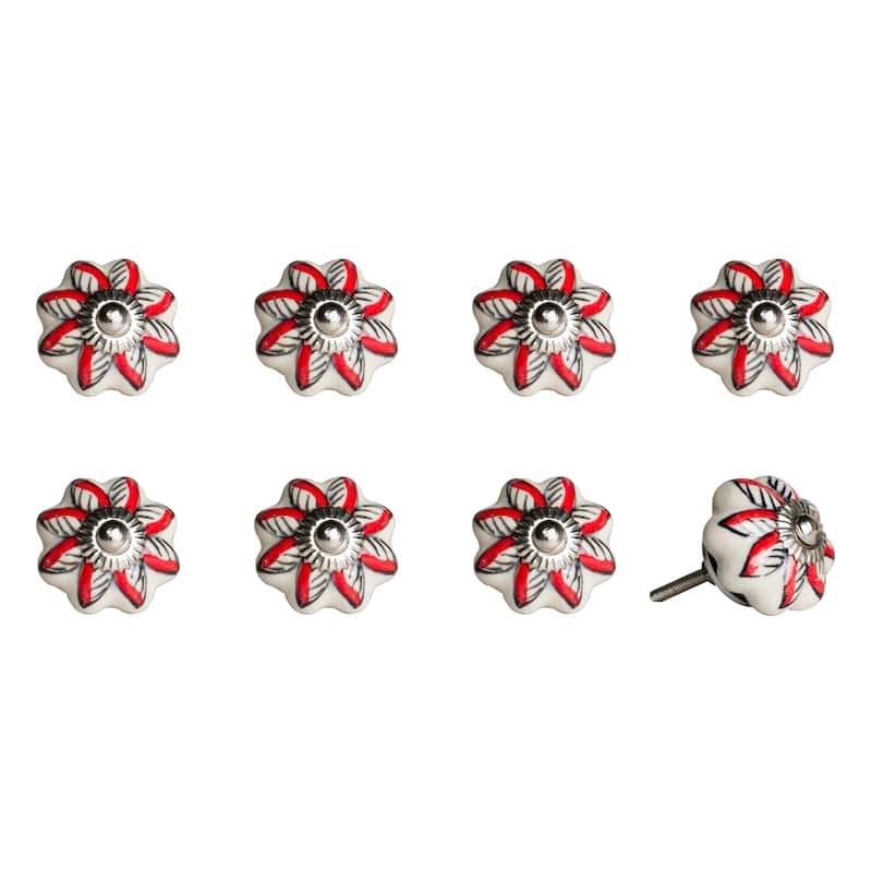 HomeRoots Set of Eight Red And White Floral Ceramic Drawer Pull Knobs - 1.5" x 1.5" x 1.5"