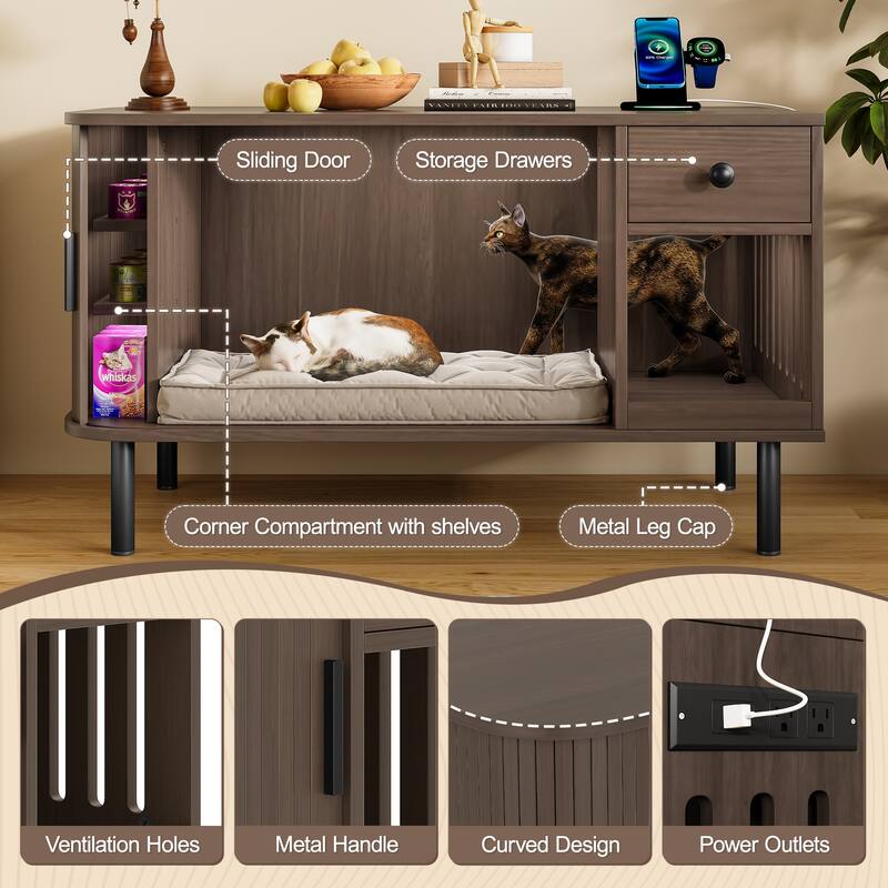 37.4" Cat Litter Box Enclosure with Sliding Door, Hidden Litter Box Enclosure Furniture with Storage Drawer and Charging Statio