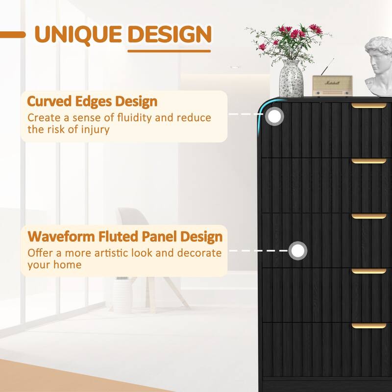 VEIKOUS 5-Drawer Chest of Drawers with Curved Edges & Waveform Fluted Panel Design, Wooden Dresser for Bedroom