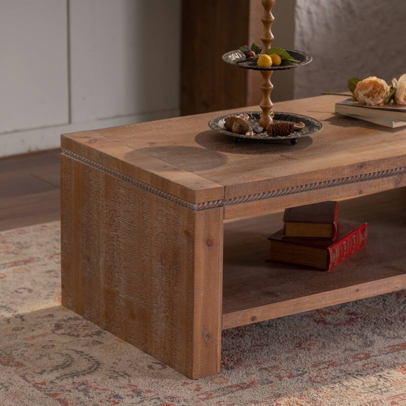 GDFStudio - Liam Rustic Solid Wood Rectangle Coffee Table with 2-Tier Storage Shelf - Coffee Table