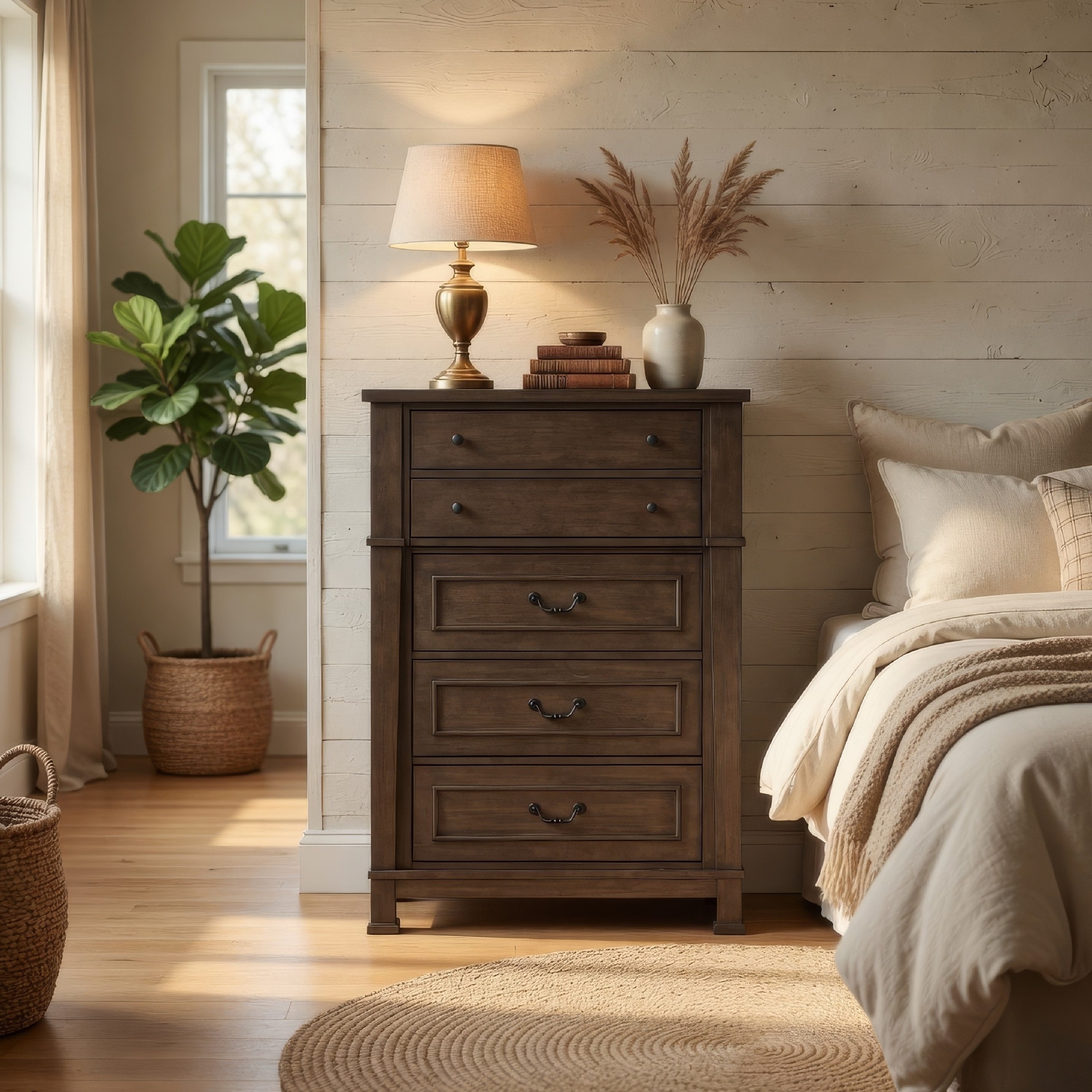 dark brown tall dresser Transitional Style Wooden Chest with 5 Drawers and bracket Legs, solid wood large and tall dresser is echoed in its dimensions and beautiful finish Gray Brown Dresser | Storage
