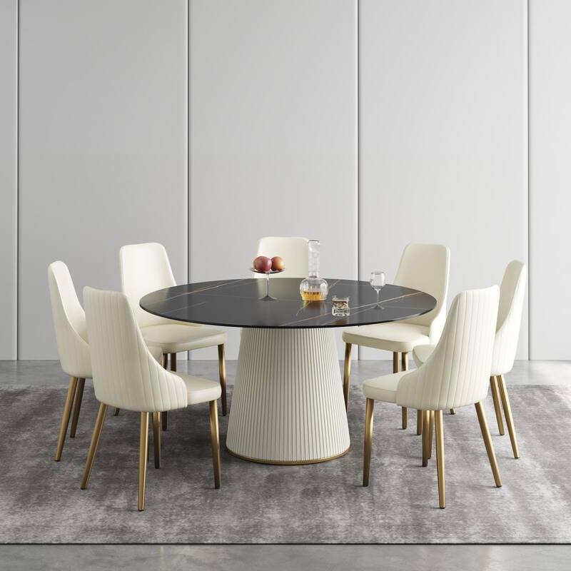 59'' Modern Round Dining Table for 8, Black Sintered Stone Tabletop with Lazy Susan
