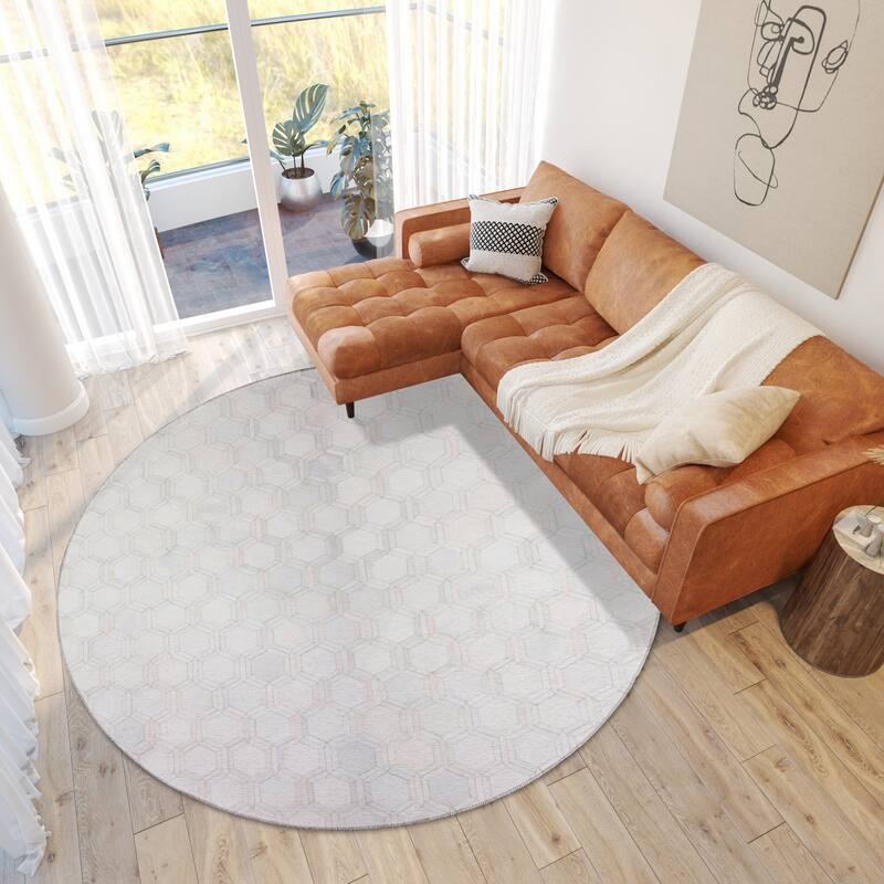 Indoor/ Outdoor Laredo Hexegon Faux Hide Patchwork Washable Area Rug - 8' x 8' - Ivory