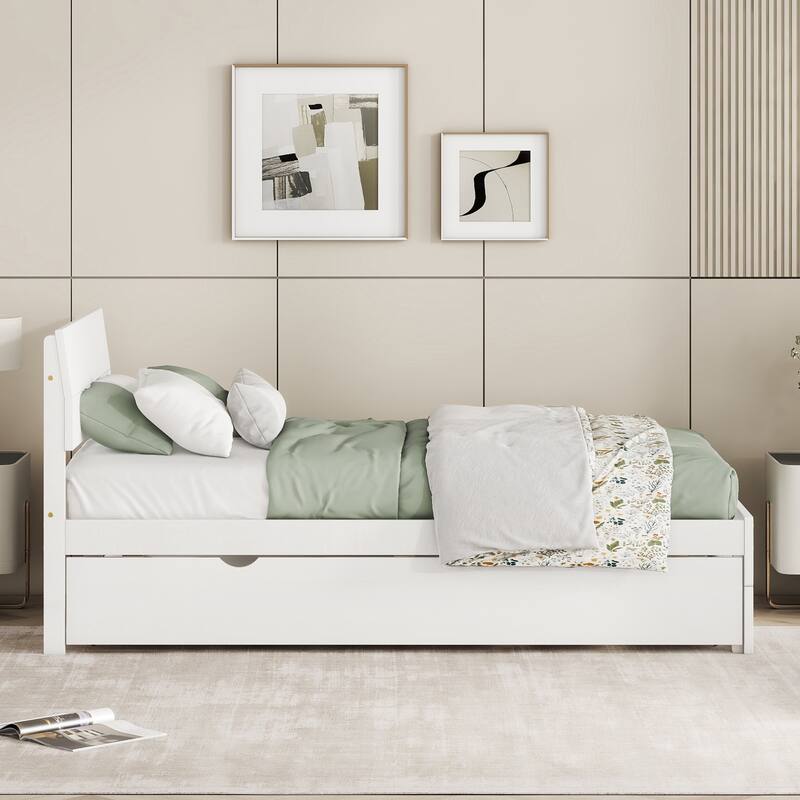 Modern Twin Bed Frame with Glossy Headboard and Trundle for Master Bedrooms, Guest Rooms, Rubber Wood Construction