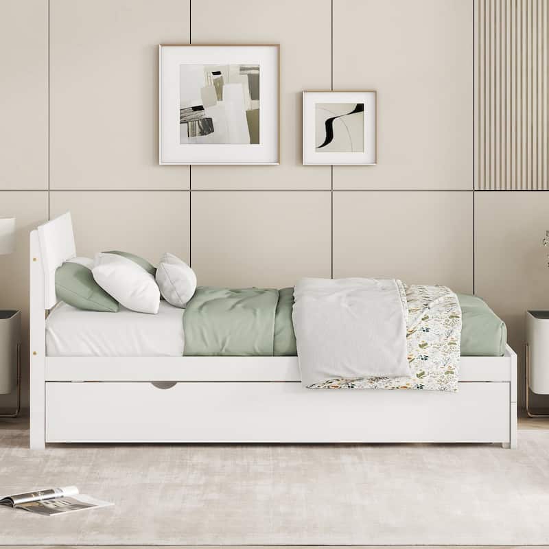 Modern Twin Size Platform Bed Frame with Twin Trundle, Headboard & Footboard, White