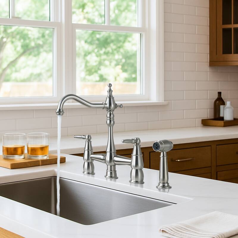 WOWOW 4 Hole Double Handle Bridge Kitchen Faucet with Side Sprayer