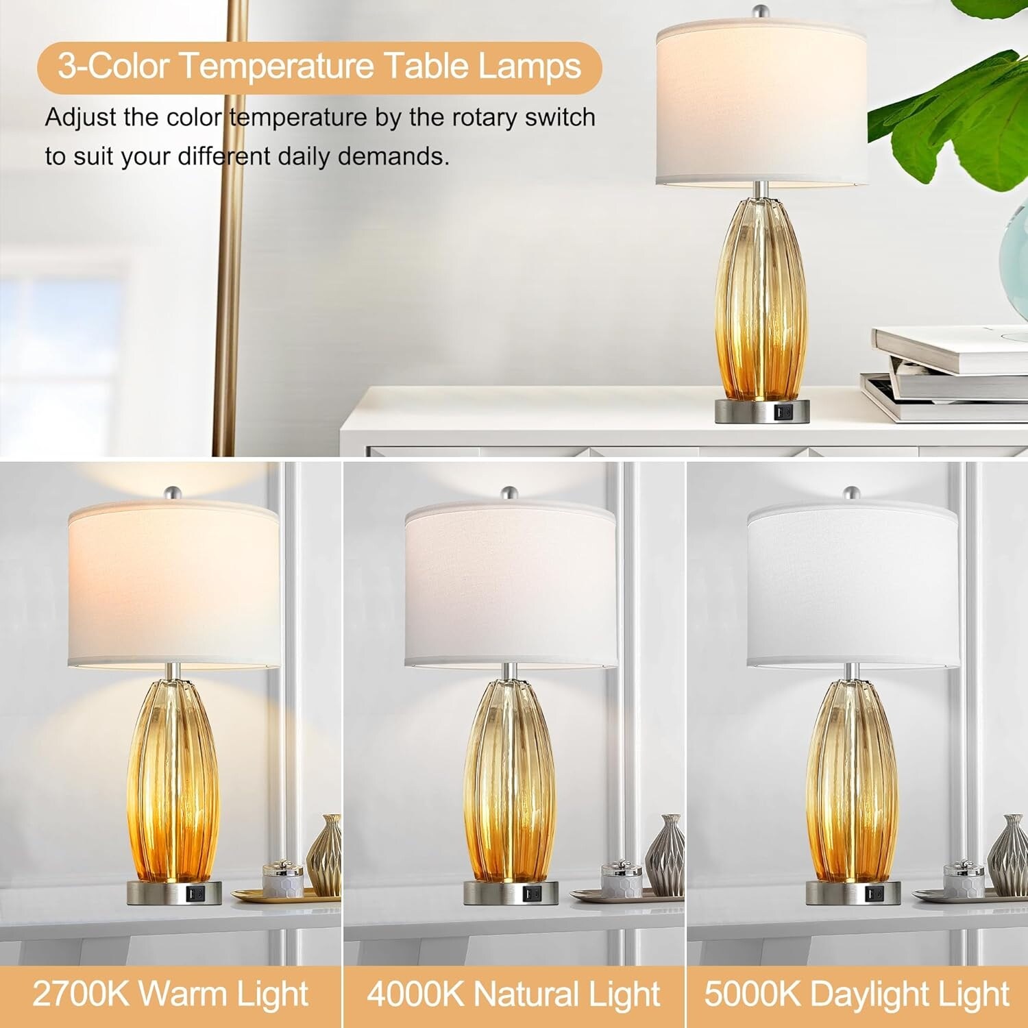 Table Lamps Set of 2,Champagne Glass Bedside Table Lamp for