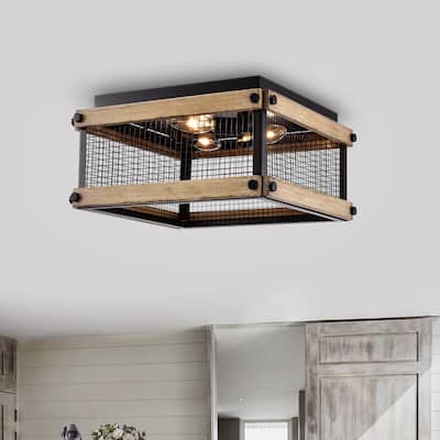 Fynn Matte Black 3-Light Geometric Metal Cage Flush Mount