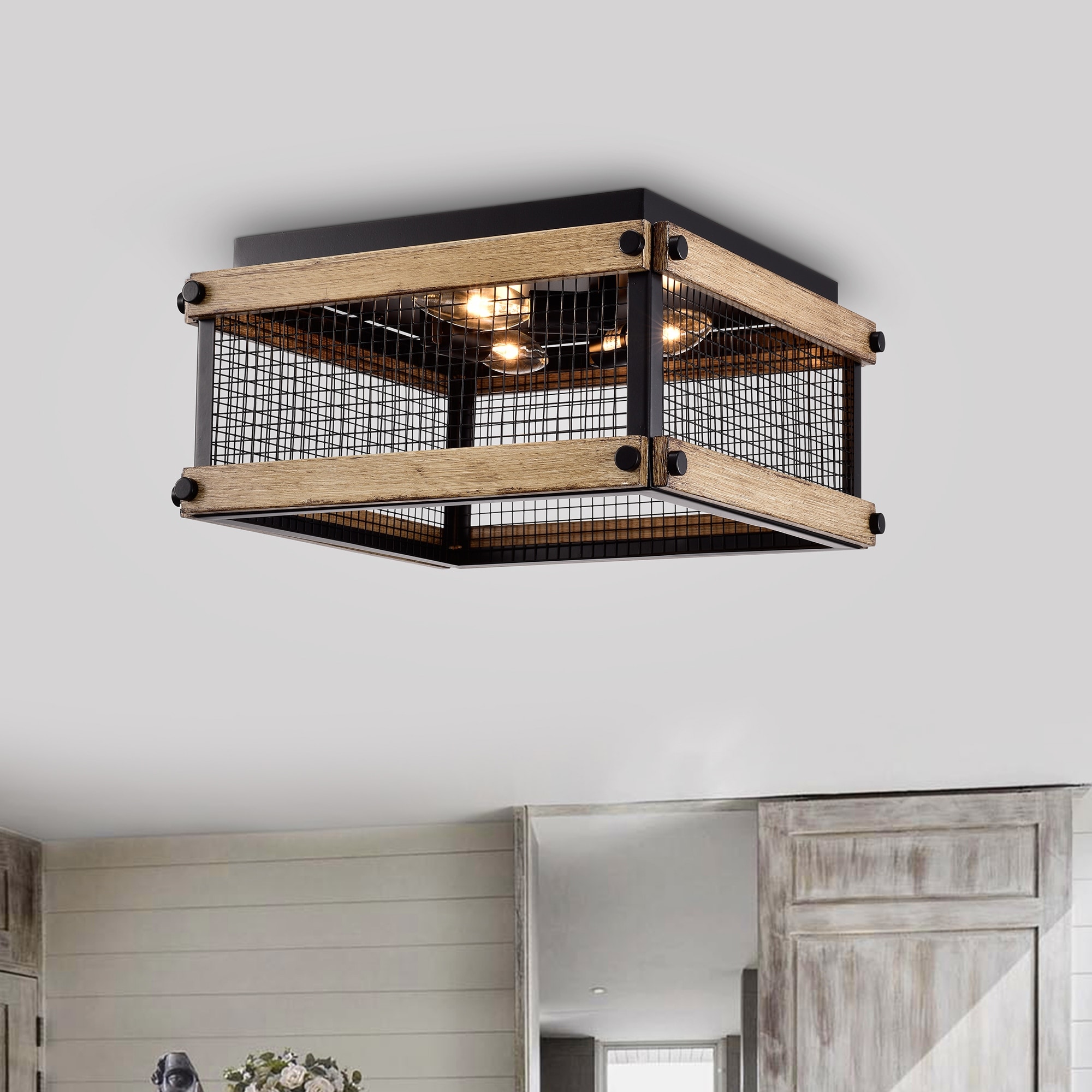 Warehouse of Tiffany Fynn Matte Black 3-Light Geometric Metal Cage Flush Mount