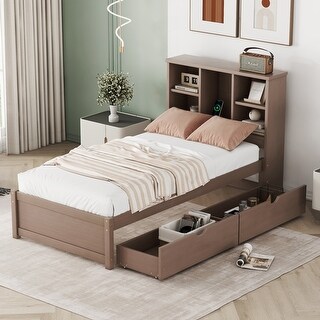 Twin Size Wooden Platform Bed Frame With Bookcase Headboard and 2 Drawers