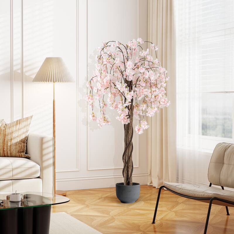 White Polyester PE Solid Wood Cherry Blossom Tree 5.5ft with Cement Pot