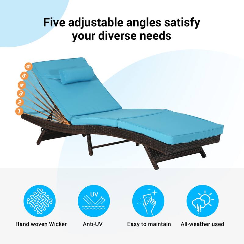 2 Pcs Outdoor Wicker Lounge Recliner Chair Set of 2, Rust-Resistant Patio Sunbathing Chairs with 5 Adjustable Positions