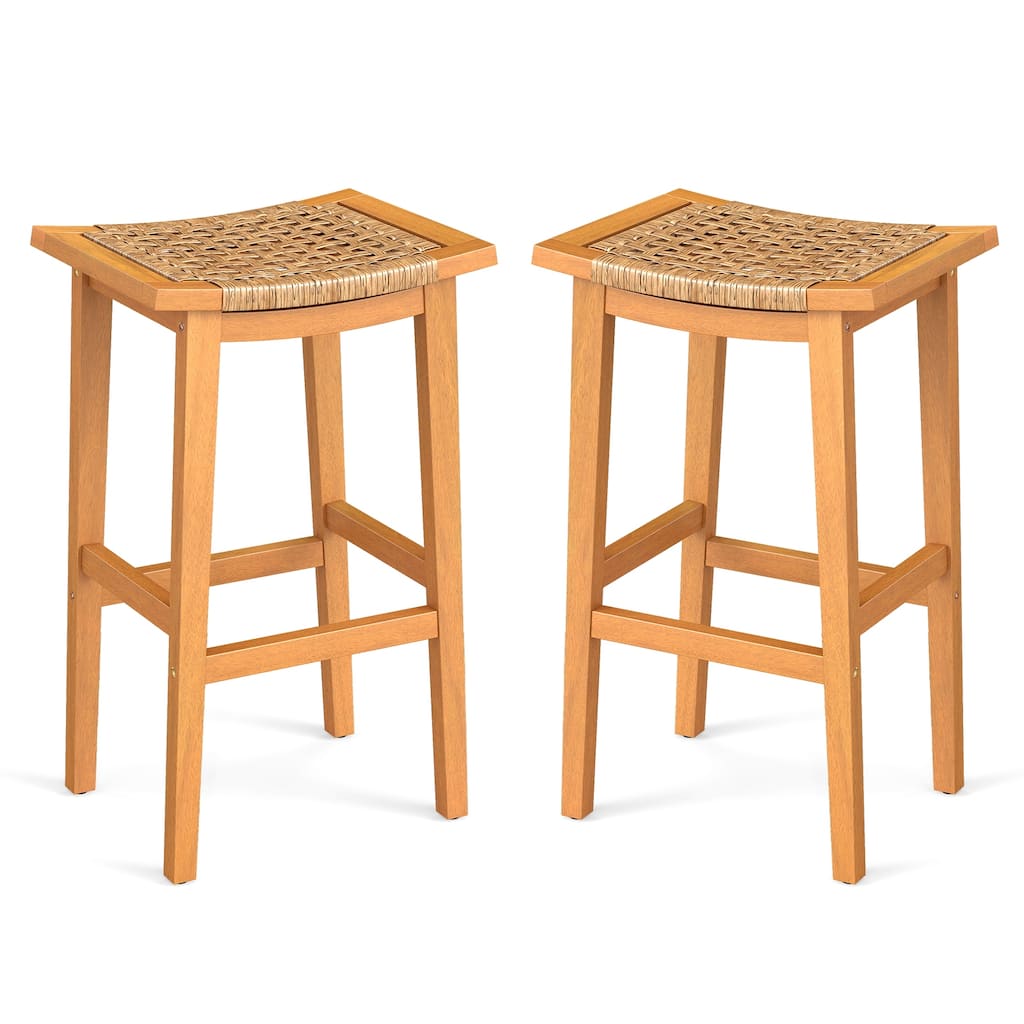Natural Set of 2 Patio Acacia Wood Bar Stools with PE Rattan Saddle Seat for Deck or Balcony - Stool: 14" x 18" x 29"