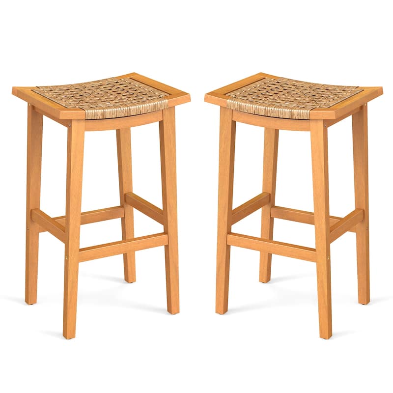Natural Set of 2 Patio Acacia Wood Bar Stools with PE Rattan Saddle Seat for Deck or Balcony - Stool: 14" x 18" x 29"