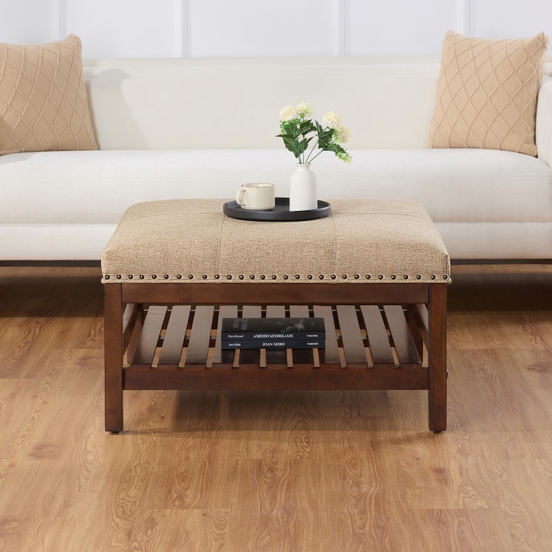 Coffee Table Cocktail Ottoman with Storage Shelf - Stylish Living Room Center Table with Upholstered Top and Storage Shelf