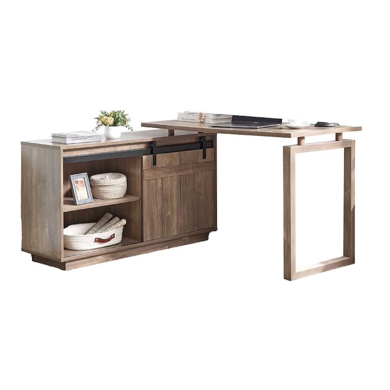 Fior L Shaped Writing Desk, 56 Inch, Hazelnut Brown Wood, Barn Door