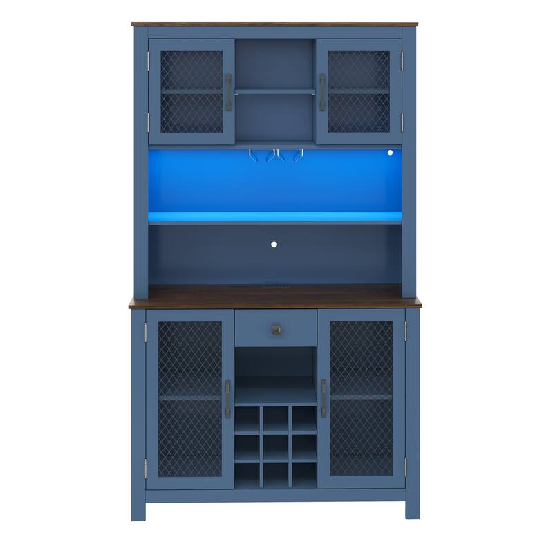 Kitchen Pantry Cabinet with LED Light, Built-in Power & USB Outlets, Kitchen Hutch Cabinet with Doors, Wine Rack & Shelves