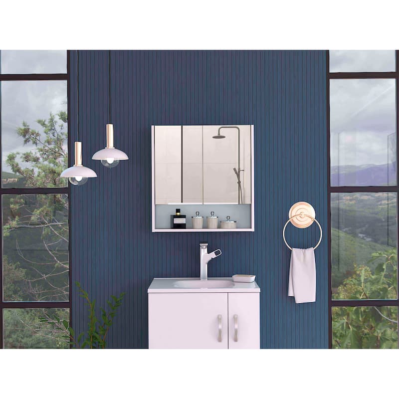 Mirror Cabinet - Double Doors, 3 Internal Shelves, 1 Open Shelf, Wall-Mounted Bathroom Storage - 23.6X5.5 in - White + Particle Board