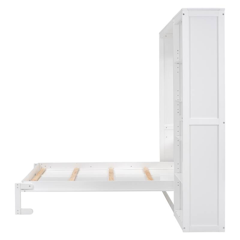 Space Saving Murphy Bed Wall Bed with 5 Layer Storage Shelves, Wood Foldable Platform Bed Frame, No Box Spring Needed