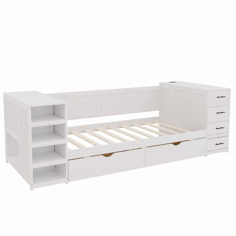 Storage Daybed with Side Shelves, Drawers & Charging Station