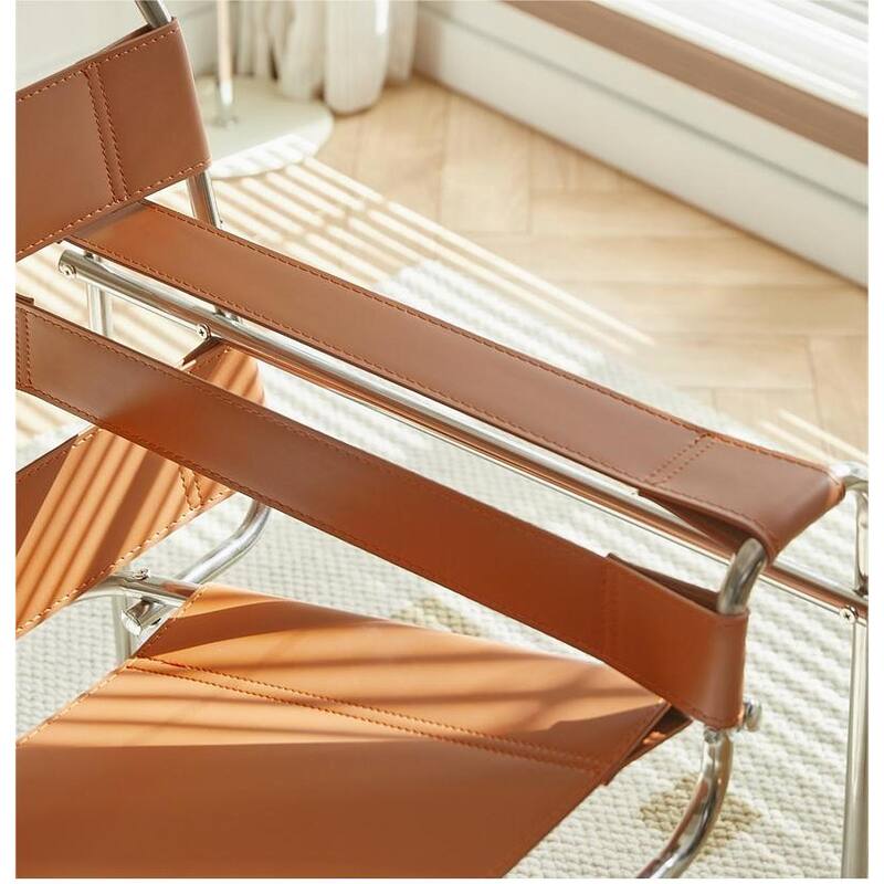Momei Mid-Century Modern Saddle Leather Accent Chair with Stainless Steel Chair Leg