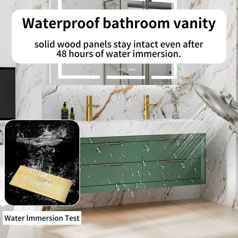 Modland 48" Wall-Mount Double Vanity with LED Light & 6 Drawers - Solid Oak, White / Green - 48 inch