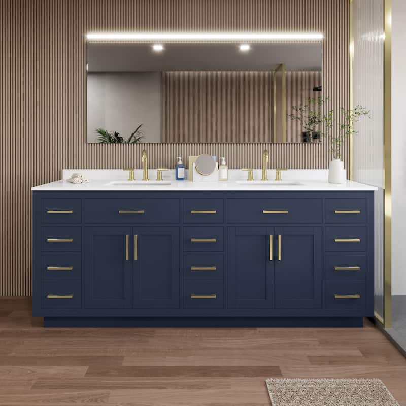 Wyndham Collection WCG262684D-QTZ-US3MXX Beckett TK 84" Free Standing - Dark Blue / White Quartz Top / Brushed Gold