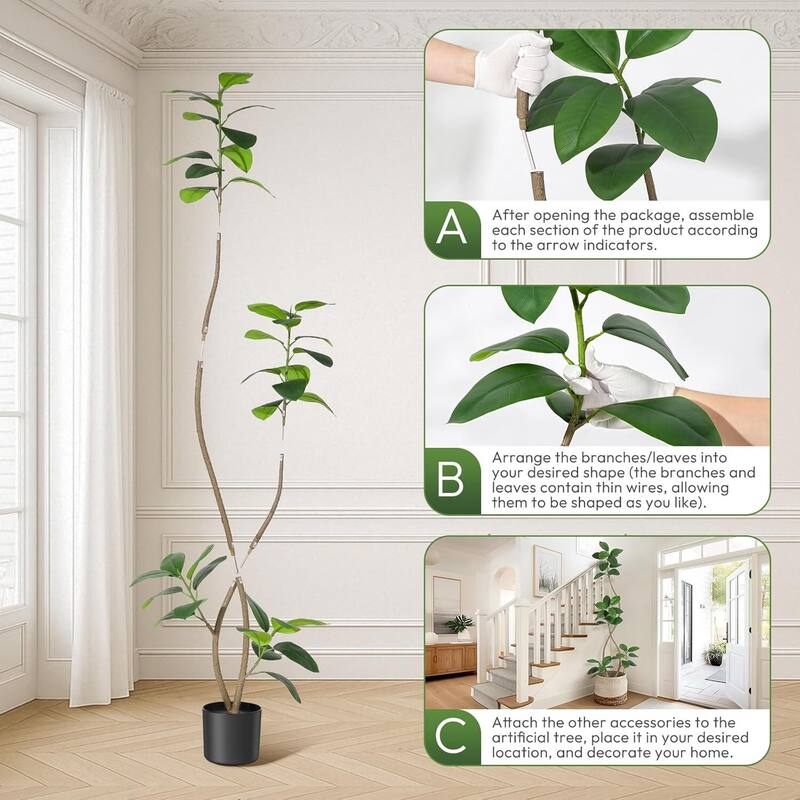 Artificial Plant Faux Fiddle Leaf Fig Tree with Black Sphere Resin Planter