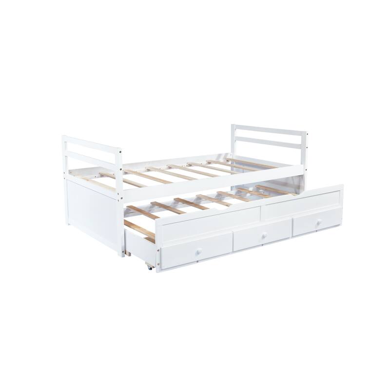 Roomfitters Twin Bed Frame with Headboard and Footboard, Pull-Out Trundle and Underbed Storage, Pine Wood Platform Bed