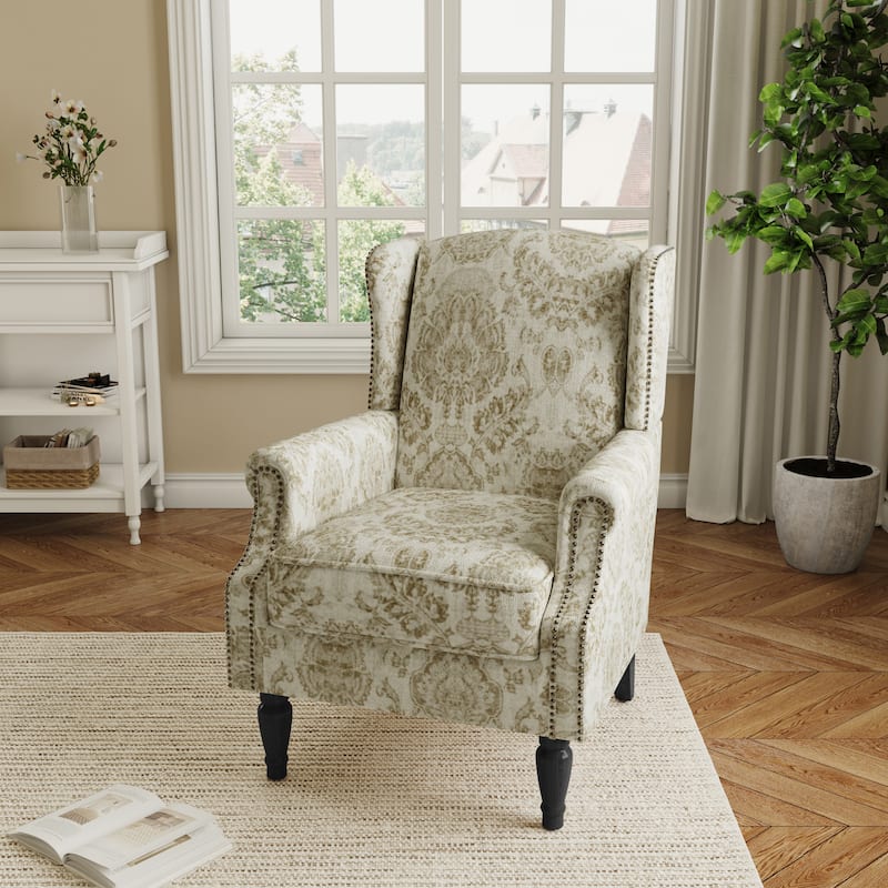 Traditional Floral Patterned Wingback Armchair with Nailhead Trim