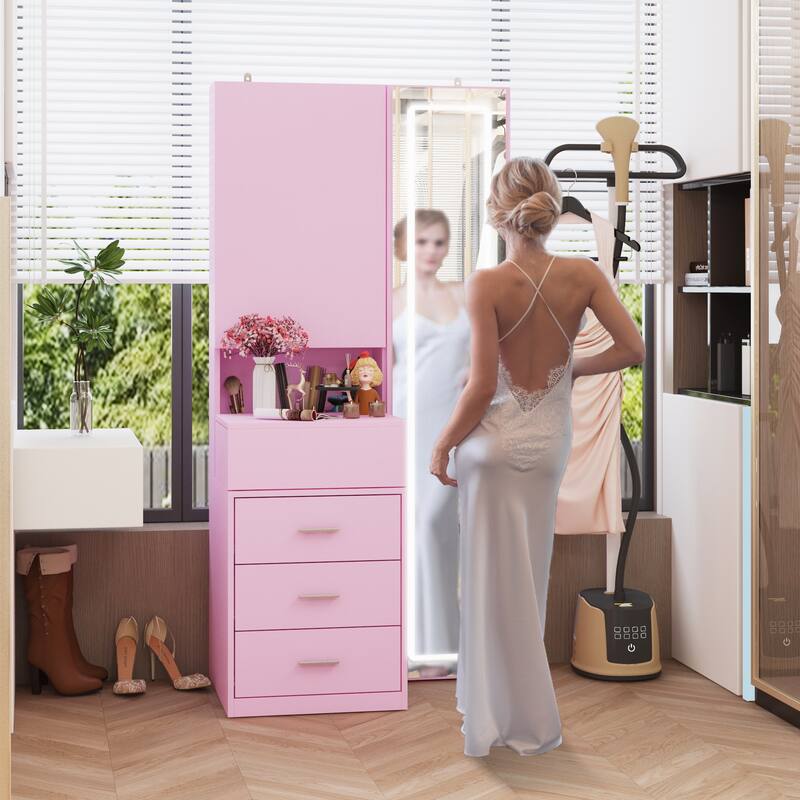 Sleek Storage Dresser with Ambient Mirror Lighting Makup Vanity Table